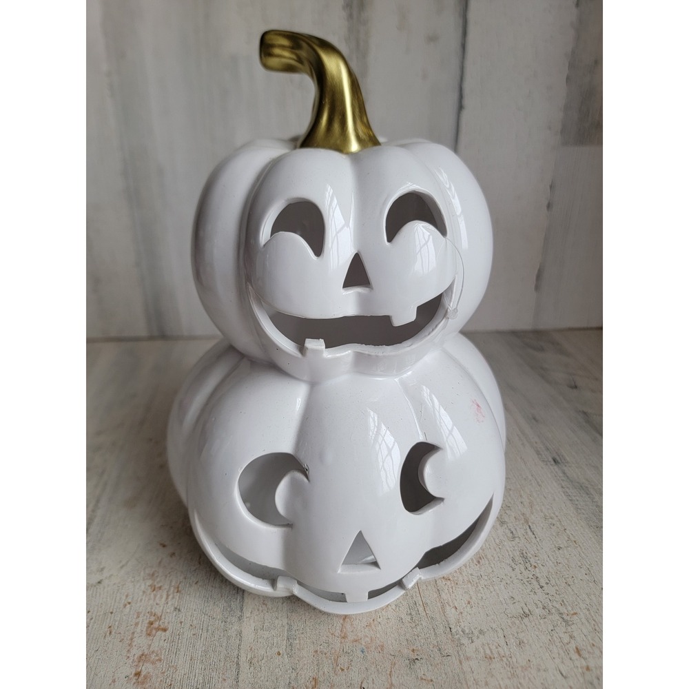 White stack light up pumpkin Jack O'Lantern ceramic Halloween home